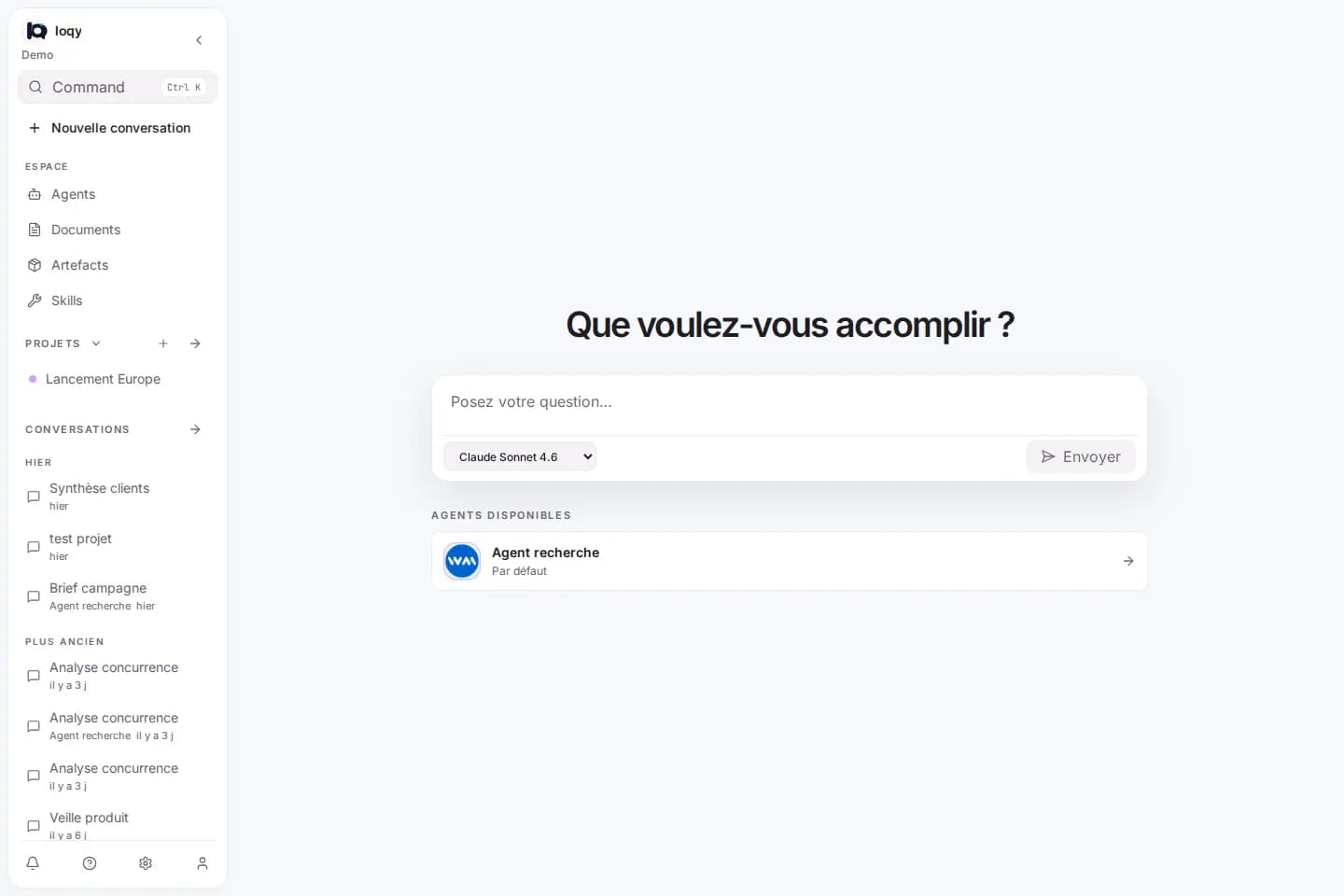 Accueil réel de loqy avec la navigation, le choix du modèle, les agents disponibles et le démarrage rapide.